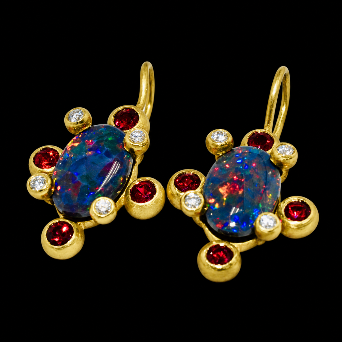 Black Opal, Diamond and Spinel Earrings in 18KYG