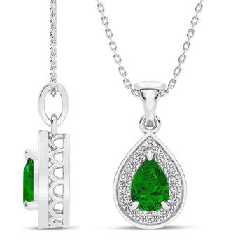14K White Gold Emerald & Diamond Pendant