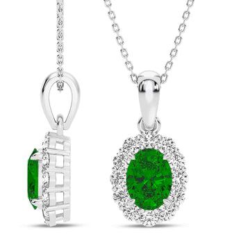 14K White Gold Emerald & Diamond Pendant