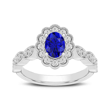 14K White Gold Blue Sapphire & Diamond Ring