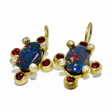 Black Opal, Diamond and Spinel Earrings in 18KYG