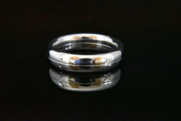 Here's an alt tag for the image: Shiny silver band ring.