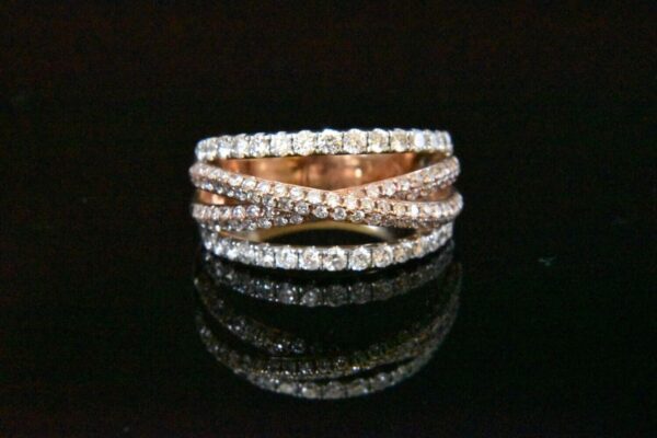 Diamond ring, rose gold, crisscross bands.