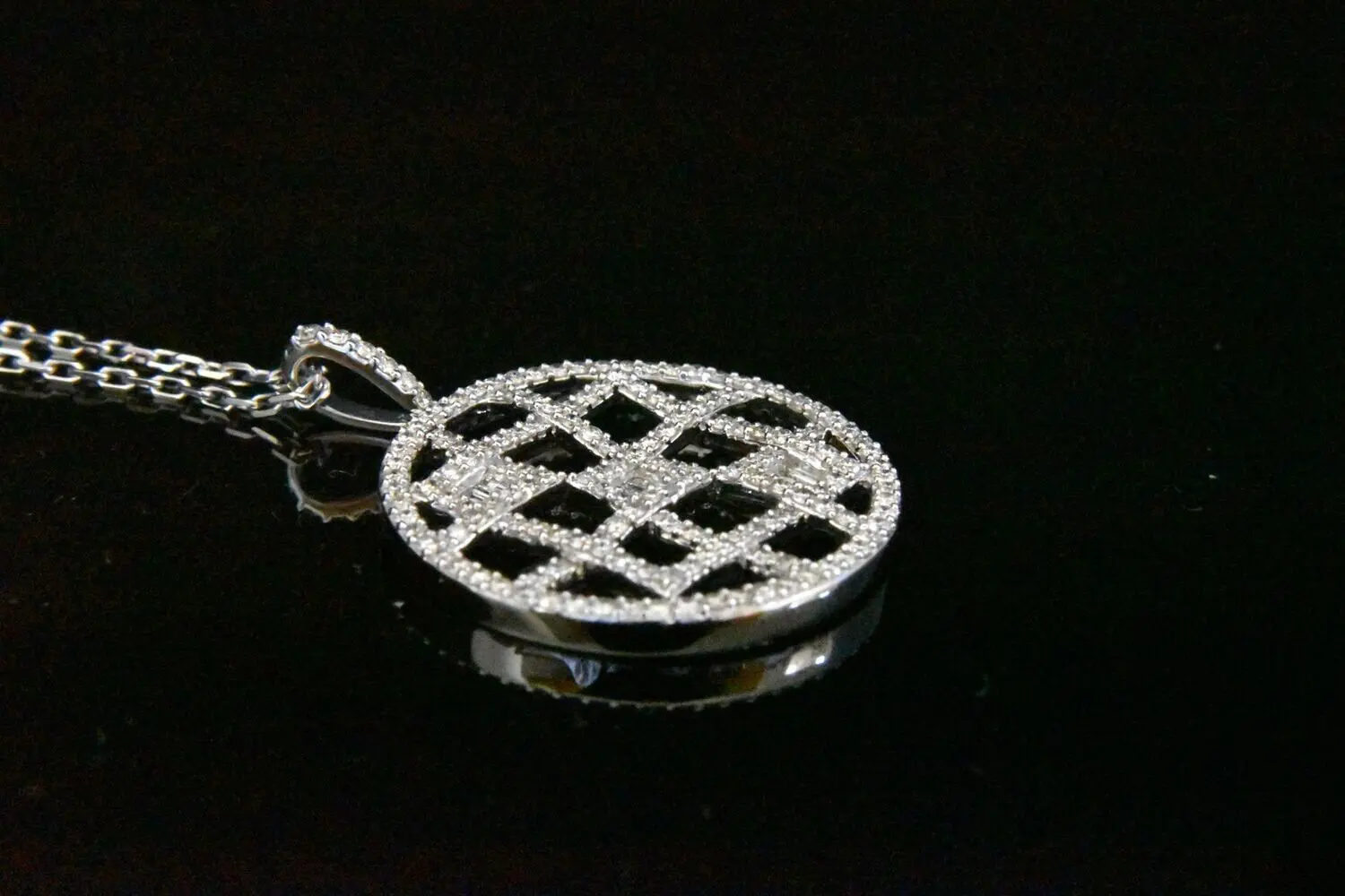 Diamond lattice pendant necklace.