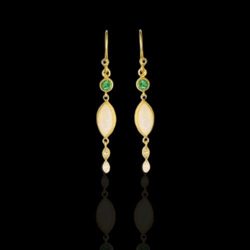 Elegant gold earrings with green and white stones.