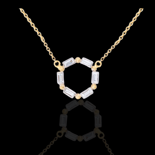 Gold necklace with hexagon diamond pendant.