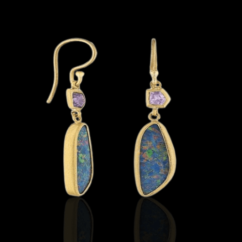 Opal and sapphire gold drop earrings.