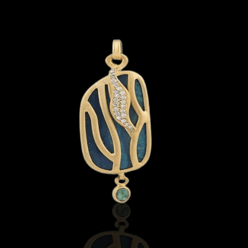 Gold pendant with blue stone and diamonds.