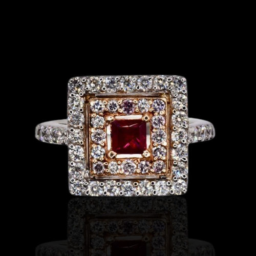 Here's an alt tag for the image: Square ruby ring with diamond halo.