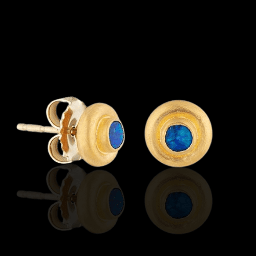 Gold stud earrings with blue opal.