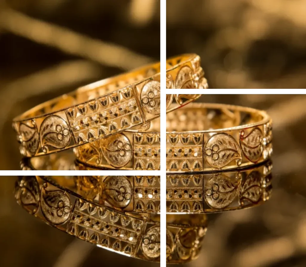 Ornate gold bangles, elegant jewelry.