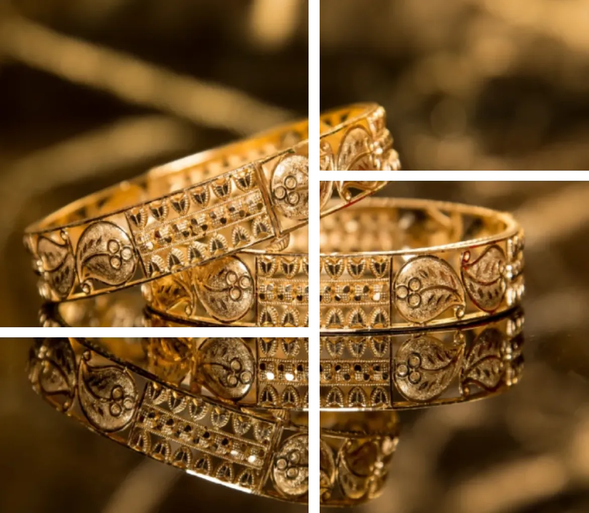 Ornate gold bangles, elegant jewelry.