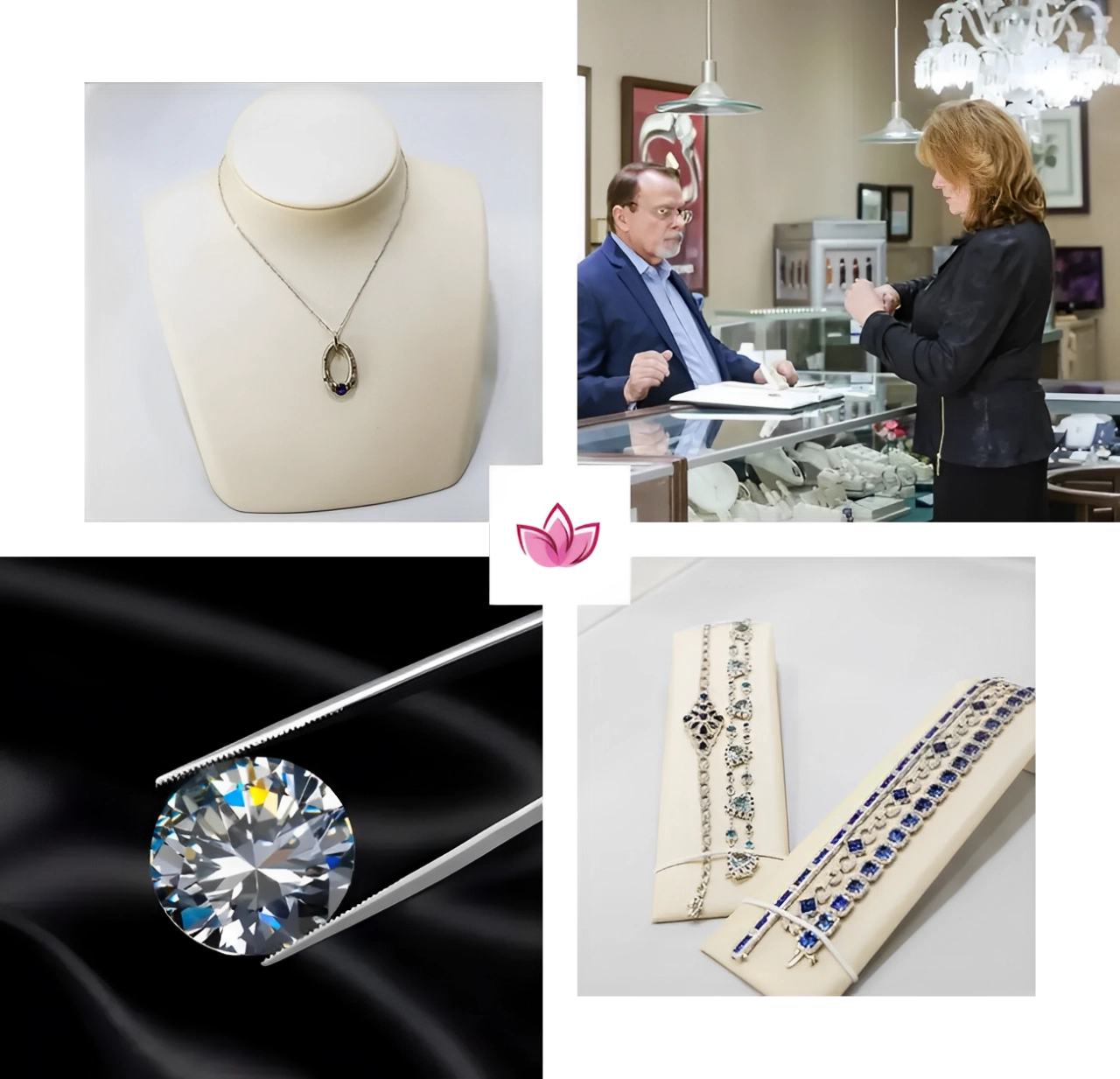 Elegant jewelry, diamonds, and gemstones.