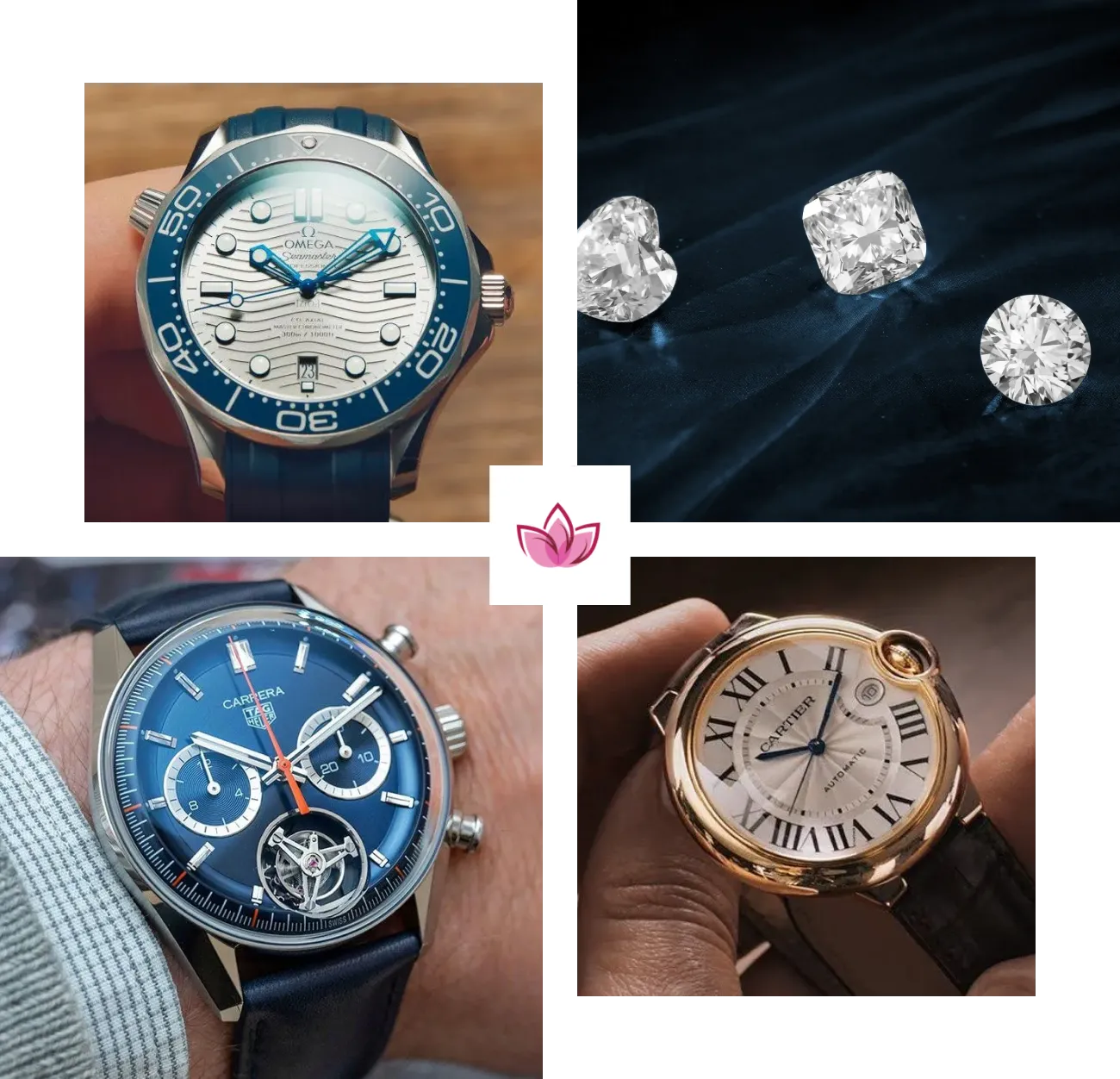 Luxury watches and diamonds collage.