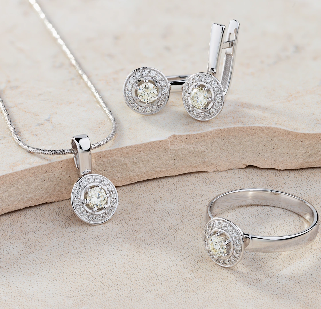 Diamond necklace, earrings, and ring set.