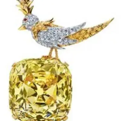 A bird sitting on top of a yellow diamond.