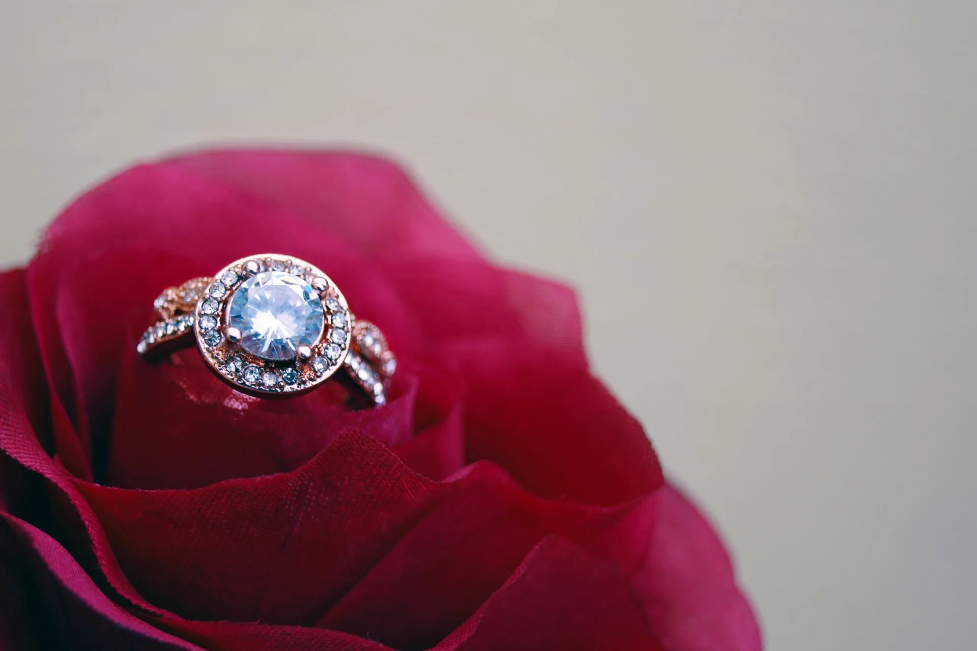 A close up of a ring on top of a rose