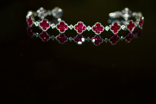 Natural Ruby and Diamond Clover Leaf Bracelet in 18KWG (NEW)